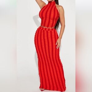 Fashion Nova Red Ribbed Midi Pencil Skirt